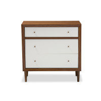 Baxton Studio FP-6782-Walnut/White Harlow Mid-century White and Walnut Wood 3-Drawer Chest